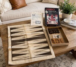 Vintage  Jumbo Backgammon Wool  Rug, Board Checkers,  Dice Doubling Cube
